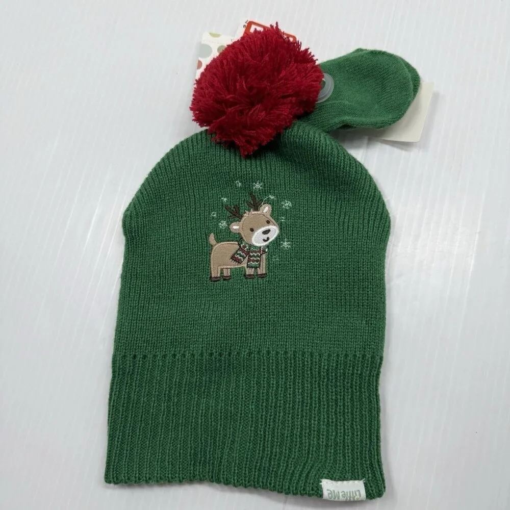 Little Me Reindeer Knit Hat 12-24M Green Red Pom Christmas Winter Beanie New NWT